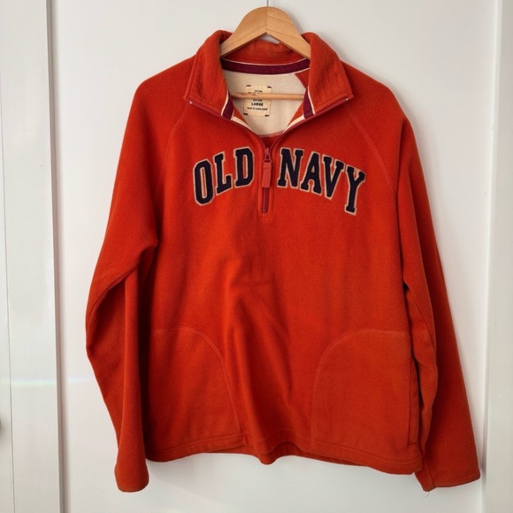 Y2K Varsity Old‎ Navy Orange Quarter Zip Fleece Logo Oversized Sweatshirt Large